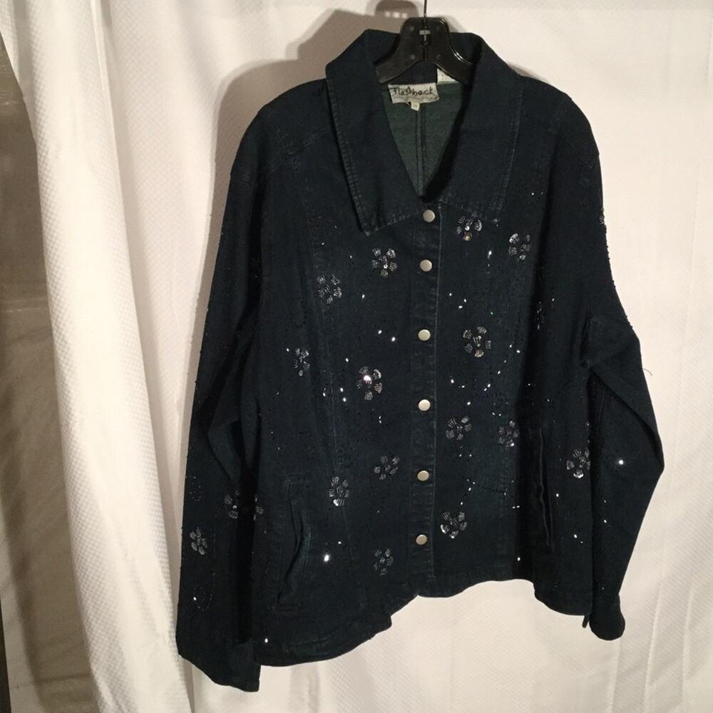 Flashback 2x blue denim jacket beaded flower Jean jacket like new worn once